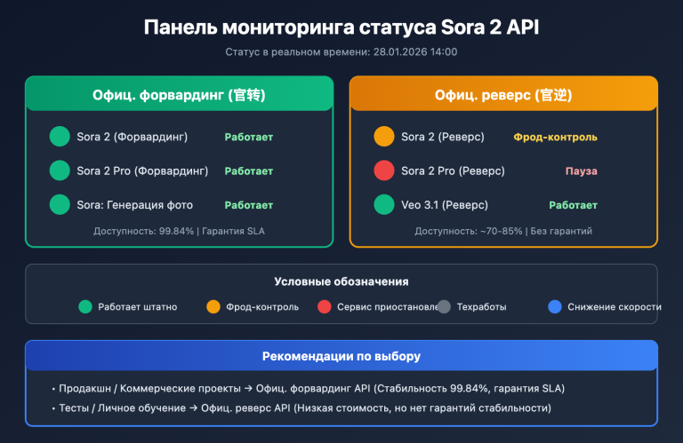 Освоение мониторинга доступности Sora 2 API: полный анализ 4 статусов обслуживания официальных ретрансляций и обратных API